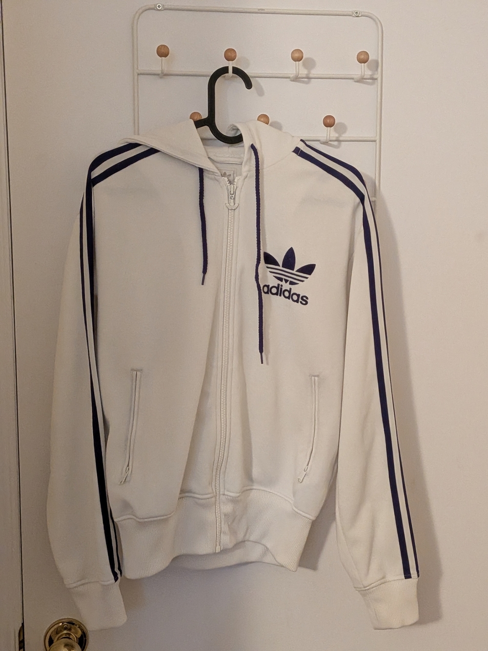 adidas White Hooded Track Jacket with Navy Stripes